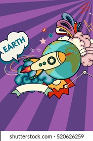 Cartoon vector illustration of space. Moon, planet, rocket, earth, cosmonaut, comet, universe Classification milky way Hand drawn Comics cosmos
