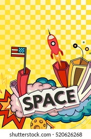 Cartoon vector illustration of space. Moon, planet, rocket, earth, cosmonaut, comet, universe Classification milky way Hand drawn Comics cosmos