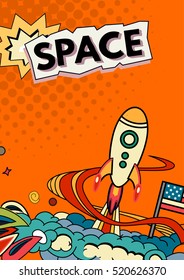 Cartoon vector illustration of space. Moon, planet, rocket, earth, cosmonaut, comet, universe Classification milky way Hand drawn Comics cosmos