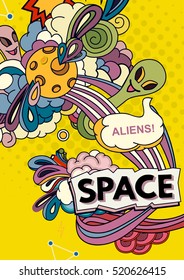 Cartoon vector illustration of space. Moon, planet, rocket, earth, cosmonaut, comet, universe Classification milky way Hand drawn Comics cosmos