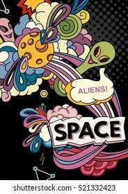 Cartoon vector illustration of space. Moon, planet, rocket, earth, cosmonaut, comet, universe Classification milky way Hand drawn Comics cosmos