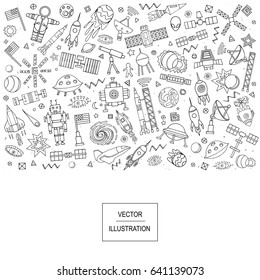Cartoon vector illustration of space. Moon, planet, rocket, earth, cosmonaut, comet universe. Classification milky way. Solar system.