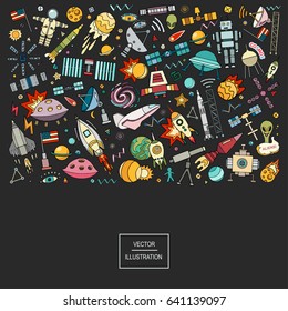 Cartoon vector illustration of space. Moon, planet, rocket, earth, cosmonaut, comet universe. Classification milky way. Solar system.