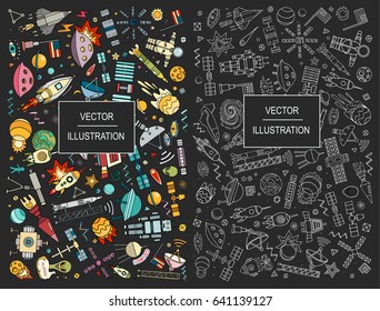 Cartoon vector illustration of space. Moon, planet, rocket, earth, cosmonaut, comet universe. Classification milky way. Solar system.