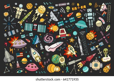 Cartoon vector illustration of space. Moon, planet, rocket, earth, cosmonaut, comet universe. Classification milky way. Solar system.