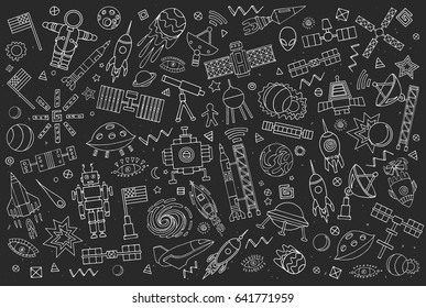 Cartoon vector illustration of space. Moon, planet, rocket, earth, cosmonaut, comet universe. Classification milky way. Solar system.