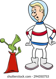 Cartoon Vector Illustration of Spaceman or Astronaut with Alien Minister