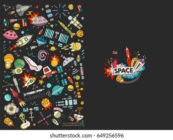 Cartoon vector illustration of space.Moon, planet, rocket, earth, cosmonaut, comet universe Classification milky way