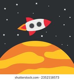 Cartoon vector illustration of a spaceship in space next to a big planet. Cosmo and astronomy. Space travel.