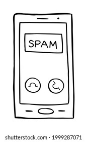 Cartoon vector illustration of spam call on smartphone. Black outlined and white colored.