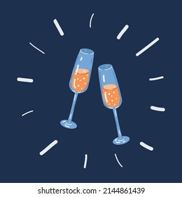 Cartoon vector illustration of sparkling champagne glasses over dark backround.