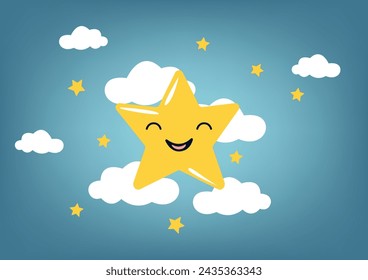 Cartoon vector illustration of a sparkling star in the night sky twinkling above fluffy clouds. This whimsical artwork captures the magic of a starry night, perfect for cartoon illustrations, vector