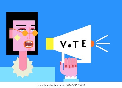 Cartoon vector illustration.  Speaker with loudspeaker, vote concept. Portrait of person in yellow star-shaped sun glasses on the blue background.