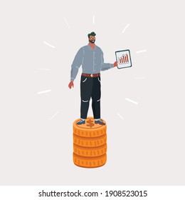 Cartoon vector illustration of specialist, man standing on stack of money. Wages concept on white isolated bacgkround.