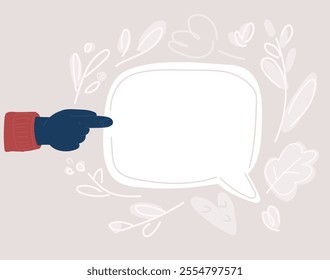 Cartoon vector illustration of Speech bubble. communication, chat, question mark, exclamation point, callout, notification, reaction. communication concept. Copy space. Hand point to speehc buble