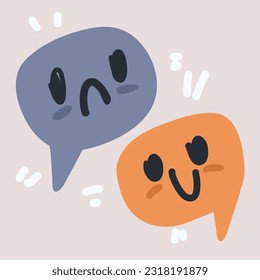 Dibujo vectorial de dibujos animados de burbujas de voz con emoticonos. Símbolos faciales felices y tristes, emojis. Dibujo de estilo mínimo.