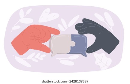 Cartoon vector illustration of speech bubbles hands putting puzzle pieces putting together with hands. Teamwork business concept