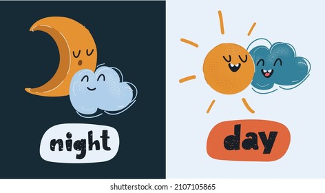 Cartoon vector illustration of Split-screen Showing the Sun and the Moon