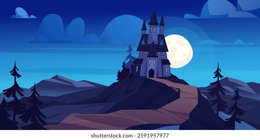 Cartoon vector illustration of a spooky castle under a full moon in a night landscape with dark trees and mountains. Mysterious Halloween night castle on a hilltop, illuminated by the full moon.