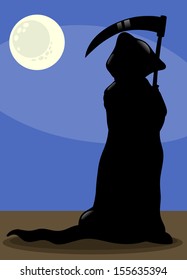 Cartoon Vector Illustration of Spooky Halloween Death Silhouette in the Moonlight