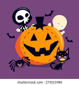 A cartoon vector illustration of a spooky and happy halloween/trick or treat theme. This illustration features a skeleton boy, ghost, giant jack o lantern, spider and black cat on a purple background.