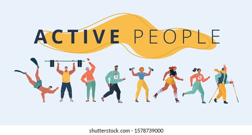 Cartoon vector illustration of sport active people set. Man and woman. Diver, weightlifter, old woman physical jerks, running man, woman with dumbbells, roller skater, nordic walker.