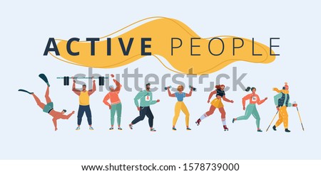 Cartoon vector illustration of sport active people set. Man and woman. Diver, weightlifter, old woman physical jerks, running man, woman with dumbbells, roller skater, nordic walker.