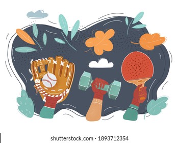 Cartoon vector illustration of Sport Equipment objects. Baseball glove with ball, Racket, dumbbell in human hands on dark background.