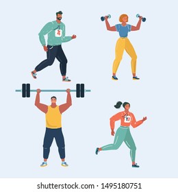 Cartoon vector illustration of Sport people isolated on white. Running, barbell, dumbbell, cardio, power exersice.