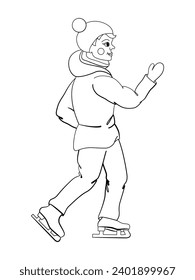 Cartoon vector. Illustration of  sports boy on skates on winter time. Isolated.  Coloring Book Page.