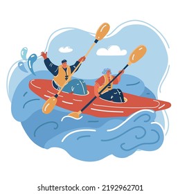 Cartoon vector illustration of Sportsman kayaker character kayaking, riding and paddling boat canoe in sea waves. Extreme outdoor watersport activity, active lifestyle