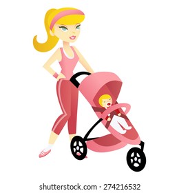 A Cartoon Vector Illustration Of A Sporty Blonde Mom In Pony Tail With Her Baby In A Sports Buggy Pram.