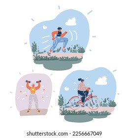 Cartoon vector illustration of sporty women in sportswear with dumbbells and running and ride bike. Sport and recreation concept.