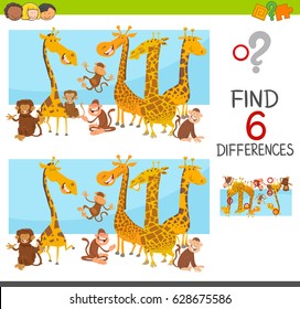Cartoon Vector Illustration of Spot the Differences Educational Game for Children with Giraffes and Monkeys Animal Characters