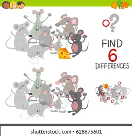 Cartoon Vector Illustration of Spot the Differences Educational Game for Children with Mice Animal Characters Group