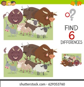 Cartoon Vector Illustration of Spot the Differences Educational Game for Children with Bulls and Sheep and Donkeys Farm Animal Characters