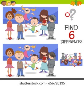 Cartoon Vector Illustration of Spot the Differences Educational Game for Children with Kids Characters Group