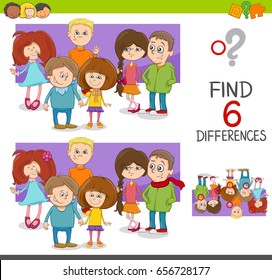 Cartoon Vector Illustration of Spot the Differences Educational Game for Children with Elementary Age Kid Characters Group