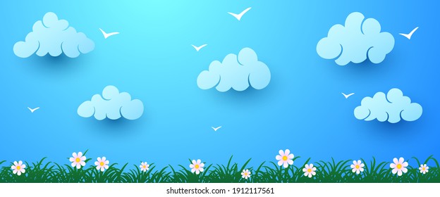 Dibujo vectorial de dibujos animados de primavera. hierba verde con flores sobre el fondo del cielo azul y las nubes