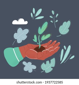 Cartoon vector illustration of spring little plant in the hand on dark background.
