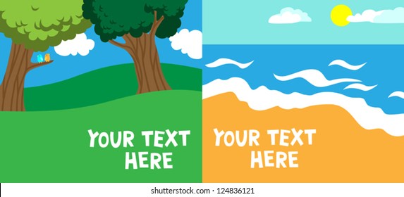 Cartoon vector illustration with spring and summer background templates with park or forest trees and sea beach