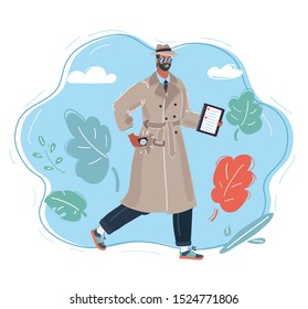 Cartoon vector illustration of spy with hat and coat.