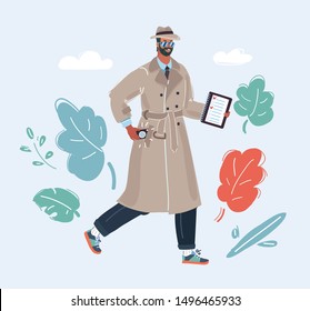 Cartoon vector illustration spy wearing hat   trench coat white background  Old man fashion character white 