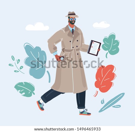 Cartoon vector illustration of a spy wearing a hat and trench coat on white background. Old man fashion character on white.