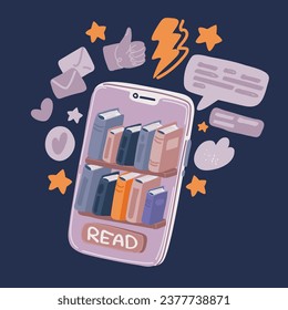 Cartoon vector illustration of stack of books and a smartphone on a background of leaves. Half a stack of books and a smartphone. Electronic library.