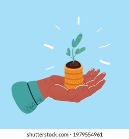 Cartoon vector illustration of stack of money and plant on it. Human hand with donations or investment symbol. Objects on blue background.