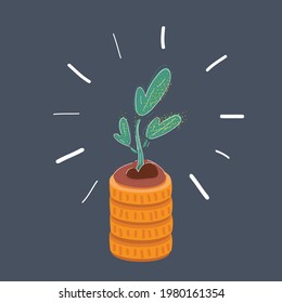 Dibujo vectorial de caricatura de pila de dinero y planta sobre él en fondo oscuro.