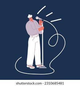 Cartoon vector illustration of Stand up comedian performance. Comedy show. A man with a microphone in his hands tells funny stories in public over dark background