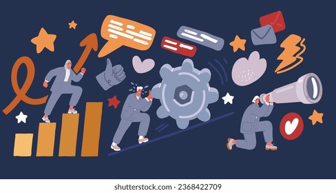Cartoon vector illustration of standing on the steps, looking through a telescope, Man try to push gear, woman making investigation with binocular, woman step up, level grown over dark backround