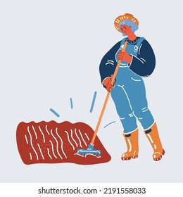 Ilustración vectorial de dibujos animados de una joven en pie está aflojando una cama con rastrillo. El concepto de jardinería.